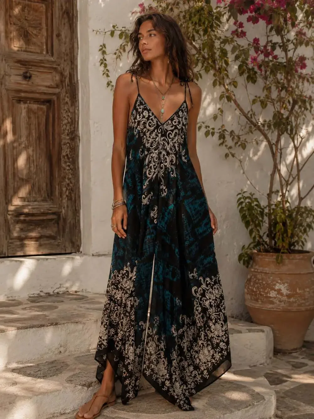 Kathmandu Imports Boho Handkerchief Hem Tie Strap Maxi Romper Festival OS - Picture 1 of 9